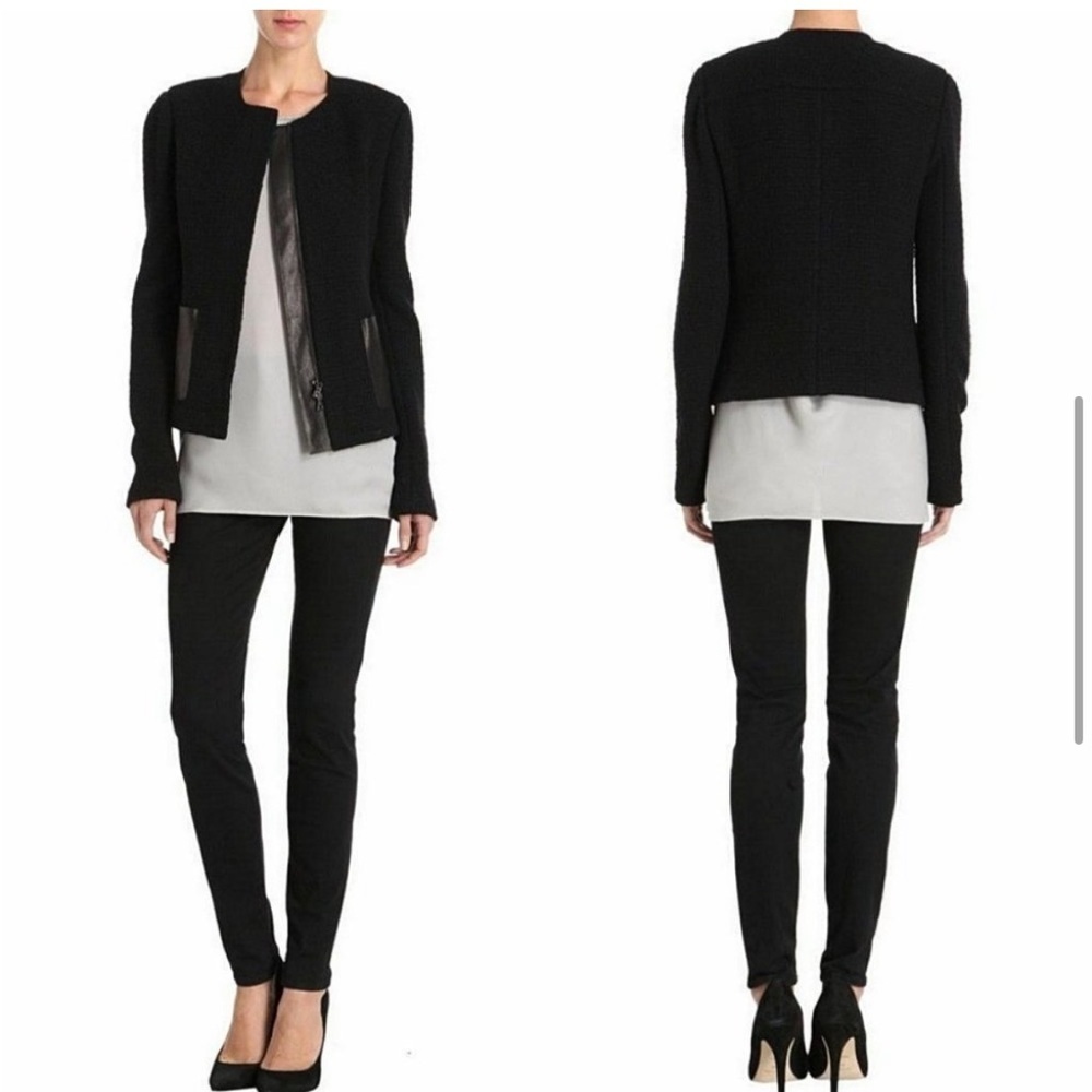 Vince Black Leather Pocket Tweed Zip Moto‎ Jacket 4